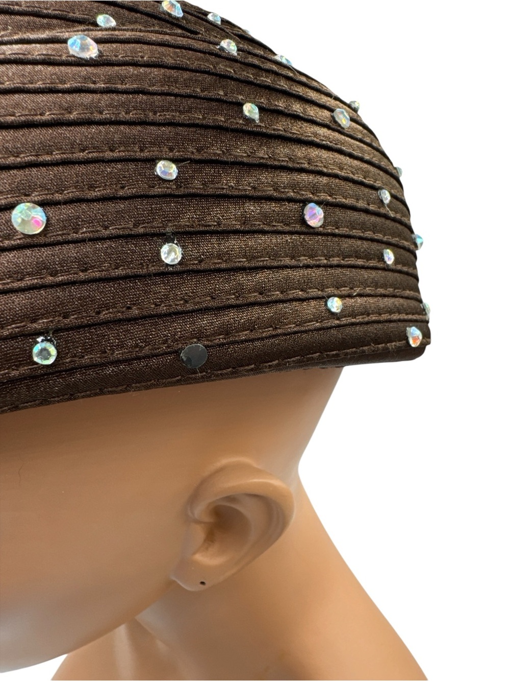Vintage ML Studio Brown Rhinestone Genuine Fur & Feather Derby Cocktail Hat OS - Picture 6 of 9